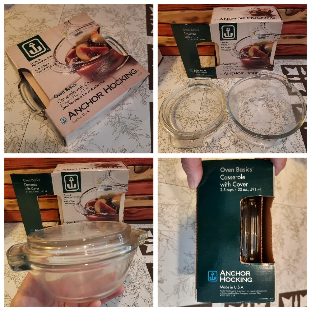 Vtg new Anchor Hocking glass baking dish 20 oz lid packaging